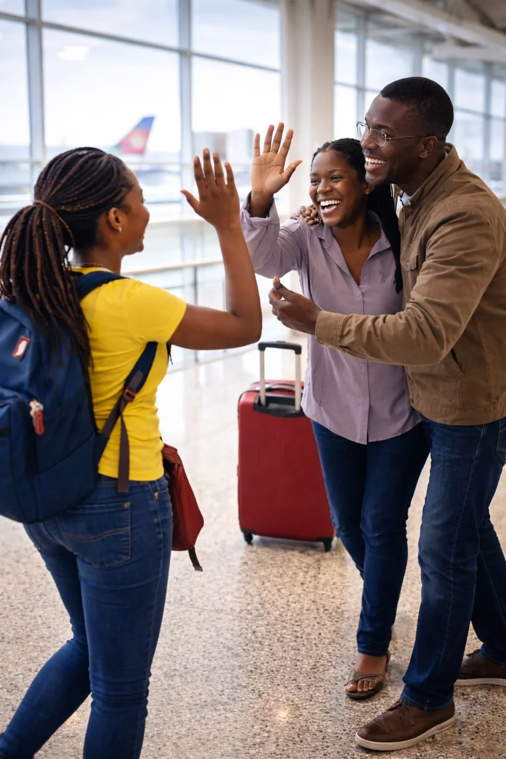 Student at airport farewell, beginning the journey to the UK